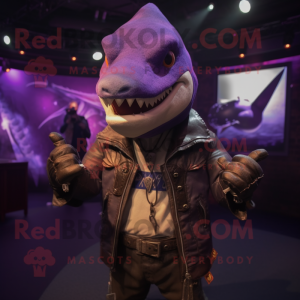 Purple Swordfish mascot costume character dressed with a Leather Jacket and Necklaces