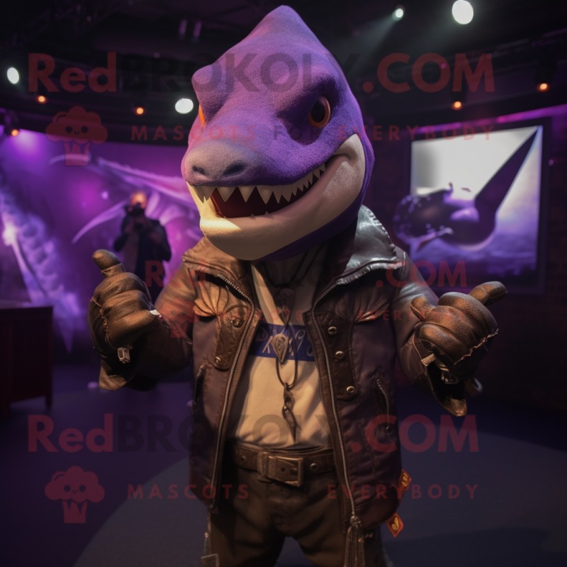 Purple Swordfish mascot costume character dressed with a Leather Jacket and Necklaces Purple Swordfish mascot costume character dressed with a Leather Jacket and Necklaces