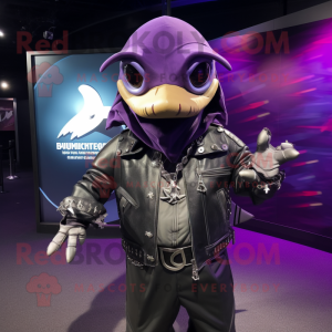 Purple Swordfish mascot costume character dressed with a Leather Jacket and Necklaces