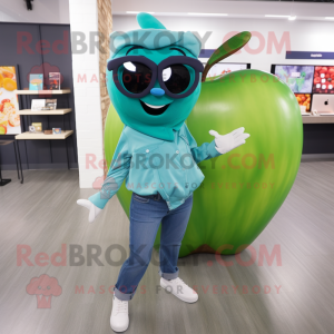 Teal Apple mascot costume character dressed with a Mom Jeans and Headbands
