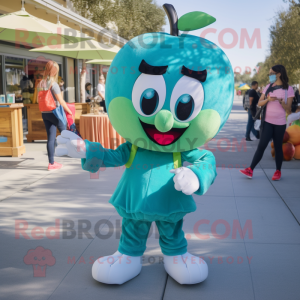 Teal Apple mascot costume character dressed with a Mom Jeans and Headbands