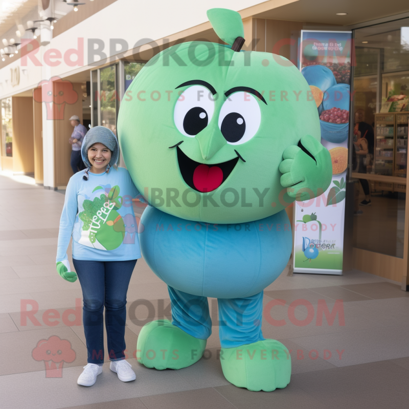 Teal Apple mascot costume character dressed with a Mom Jeans and Headbands Teal Apple mascot costume character dressed with a Mom Jeans and Headbands