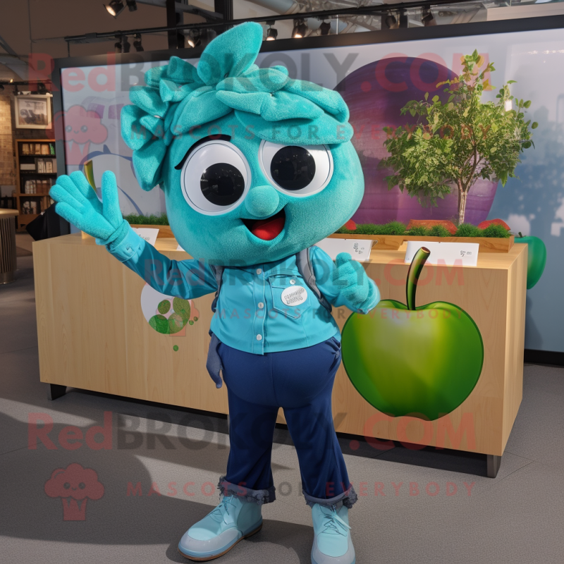 Teal Apple mascot costume character dressed with a Mom Jeans and Headbands