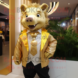 Gold Wild Boar mascot costume character dressed with a Suit Jacket and Necklaces