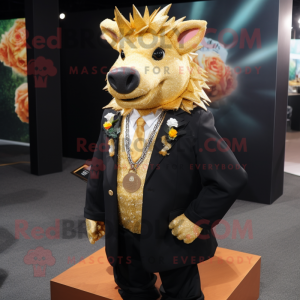 Gold Wild Boar mascot costume character dressed with a Suit Jacket and Necklaces