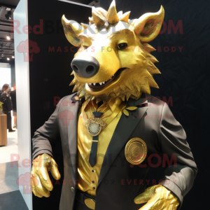 Gold Wild Boar mascot costume character dressed with a Suit Jacket and Necklaces