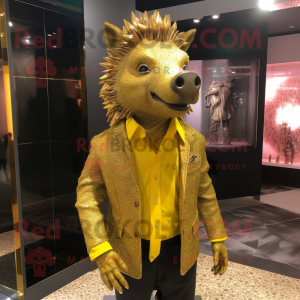 Gold Wild Boar mascot costume character dressed with a Suit Jacket and Necklaces