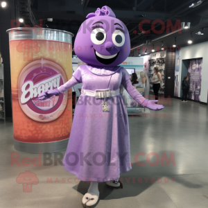 Lavender Soda Can mascot costume character dressed with a Shift Dress and Bracelet watches