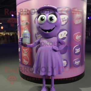 Lavender Soda Can mascot costume character dressed with a Shift Dress and Bracelet watches