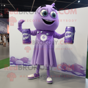 Lavender Soda Can mascot costume character dressed with a Shift Dress and Bracelet watches