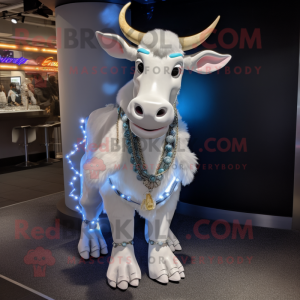 White Zebu mascot costume character dressed with a Flare Jeans and Necklaces