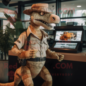 Tan Deinonychus mascot costume character dressed with a Overalls and Digital watches