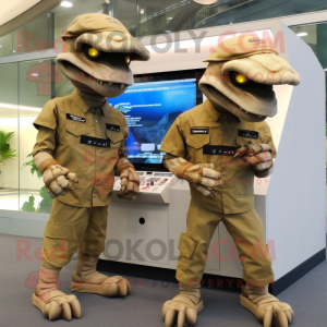 Tan Deinonychus mascot costume character dressed with a Overalls and Digital watches