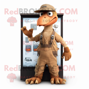 Tan Deinonychus mascot costume character dressed with a Overalls and Digital watches