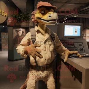 Tan Deinonychus mascot costume character dressed with a Overalls and Digital watches