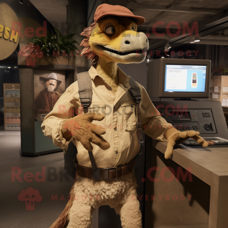 Tan Deinonychus mascot costume character dressed with a Overalls and Digital watches Tan Deinonychus mascot costume character dressed with a Overalls and Digital watches