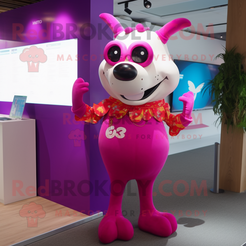 Magenta Cow mascot costume character dressed with a One-Piece Swimsuit and Hairpins