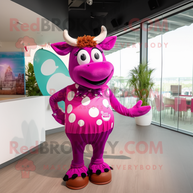 Magenta Cow mascot costume character dressed with a One-Piece Swimsuit and Hairpins