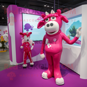 Magenta Cow mascot costume character dressed with a One-Piece Swimsuit and Hairpins