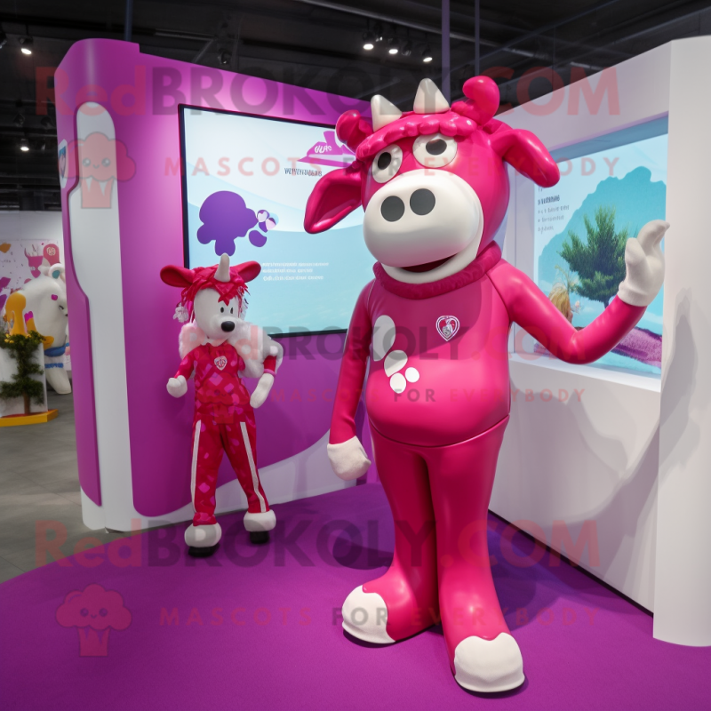 Magenta Cow mascot costume character dressed with a One-Piece Swimsuit and Hairpins