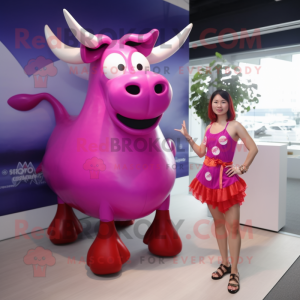 Magenta Cow mascot costume character dressed with a One-Piece Swimsuit and Hairpins