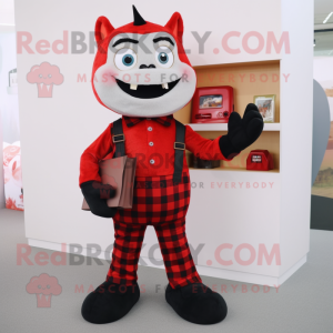 Red Vampire mascot costume character dressed with a Flannel Shirt and Clutch bags