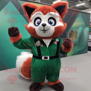 Forest Green Red Panda mascot costume character dressed with a Shift Dress and Gloves