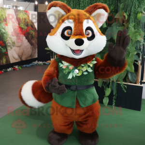 Forest Green Red Panda mascot costume character dressed with a Shift Dress and Gloves