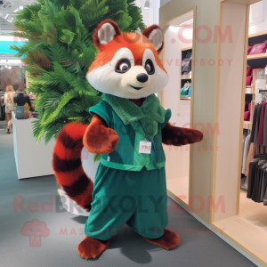 Forest Green Red Panda mascot costume character dressed with a Shift Dress and Gloves