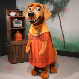 Rust Dog mascot costume character dressed with a Wrap Dress and Wallets