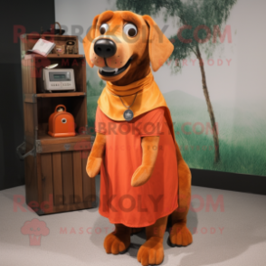 Rust Dog mascot costume character dressed with a Wrap Dress and Wallets