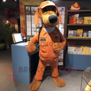 Rust Dog mascot costume character dressed with a Wrap Dress and Wallets
