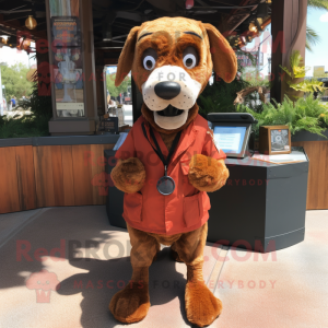 Rust Dog mascot costume character dressed with a Wrap Dress and Wallets