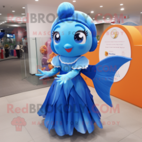 Blue Goldfish mascot costume character dressed with a Circle Skirt and Headbands