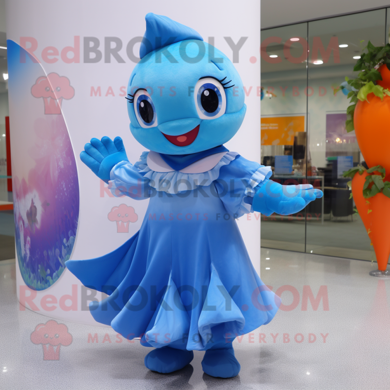 Blue Goldfish mascot costume character dressed with a Circle Skirt and Headbands