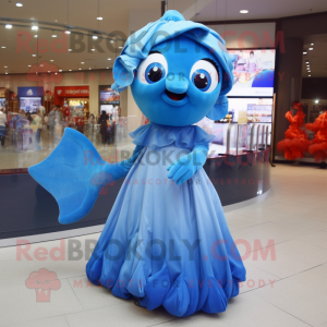 Blue Goldfish mascot costume character dressed with a Circle Skirt and Headbands