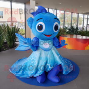 Blue Goldfish mascot costume character dressed with a Circle Skirt and Headbands