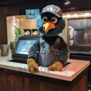 Black Butter Chicken mascot costume character dressed with a Denim Shorts and Beanies