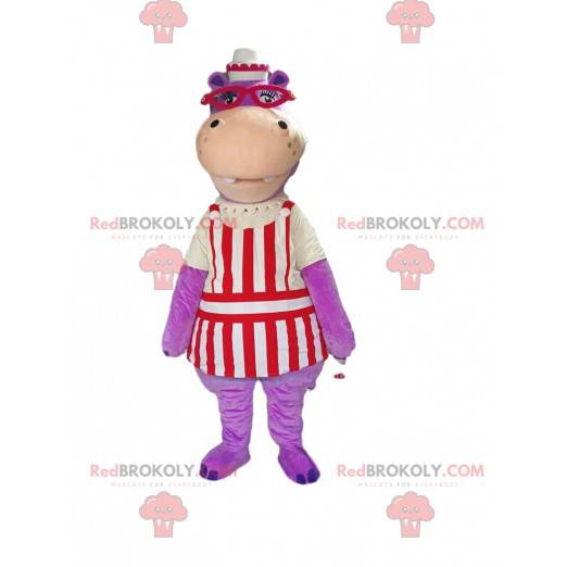 Mascotte d'hippopotame violet en tenue de serveur -