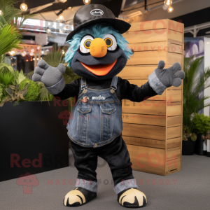 Black Butter Chicken mascot costume character dressed with a Denim Shorts and Beanies