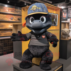 Black Butter Chicken mascot costume character dressed with a Denim Shorts and Beanies