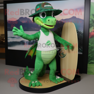 Forest Green Dragon mascot costume character dressed with a Board Shorts and Hat pins
