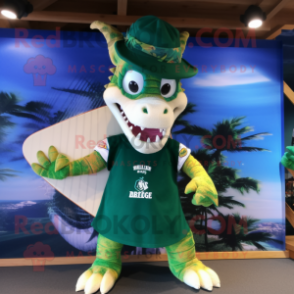 Forest Green Dragon mascot costume character dressed with a Board Shorts and Hat pins