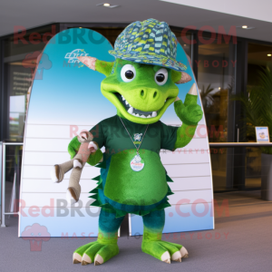 Forest Green Dragon mascot costume character dressed with a Board Shorts and Hat pins