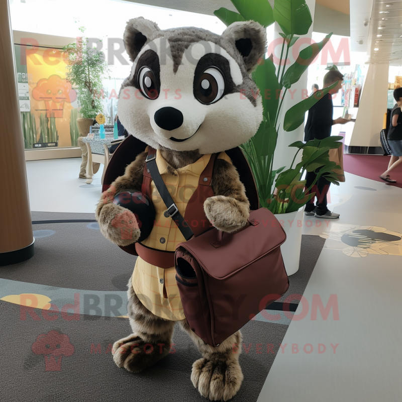 Brown Civet mascot costume character dressed with a Sheath Dress and Messenger bags