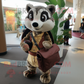 Brown Civet mascot costume character dressed with a Sheath Dress and Messenger bags