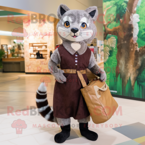 Brown Civet mascot costume character dressed with a Sheath Dress and Messenger bags