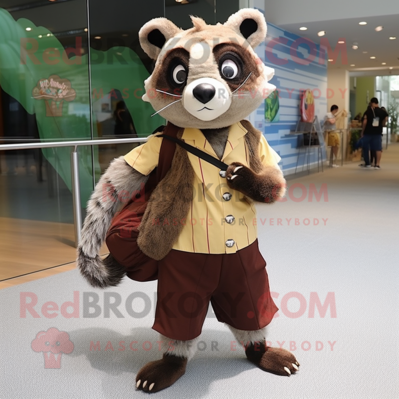 Brown Civet mascot costume character dressed with a Sheath Dress and Messenger bags Brown Civet mascot costume character dressed with a Sheath Dress and Messenger bags