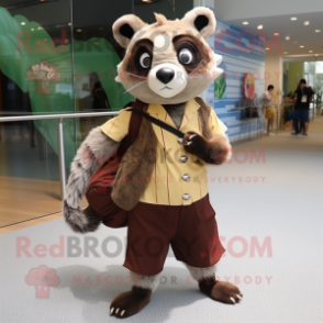 Brown Civet mascot costume character dressed with a Sheath Dress and Messenger bags