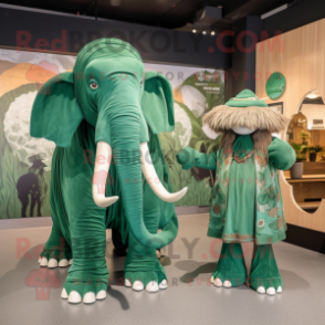 Forest Green Mammoth mascot costume character dressed with a Wrap Dress and Berets